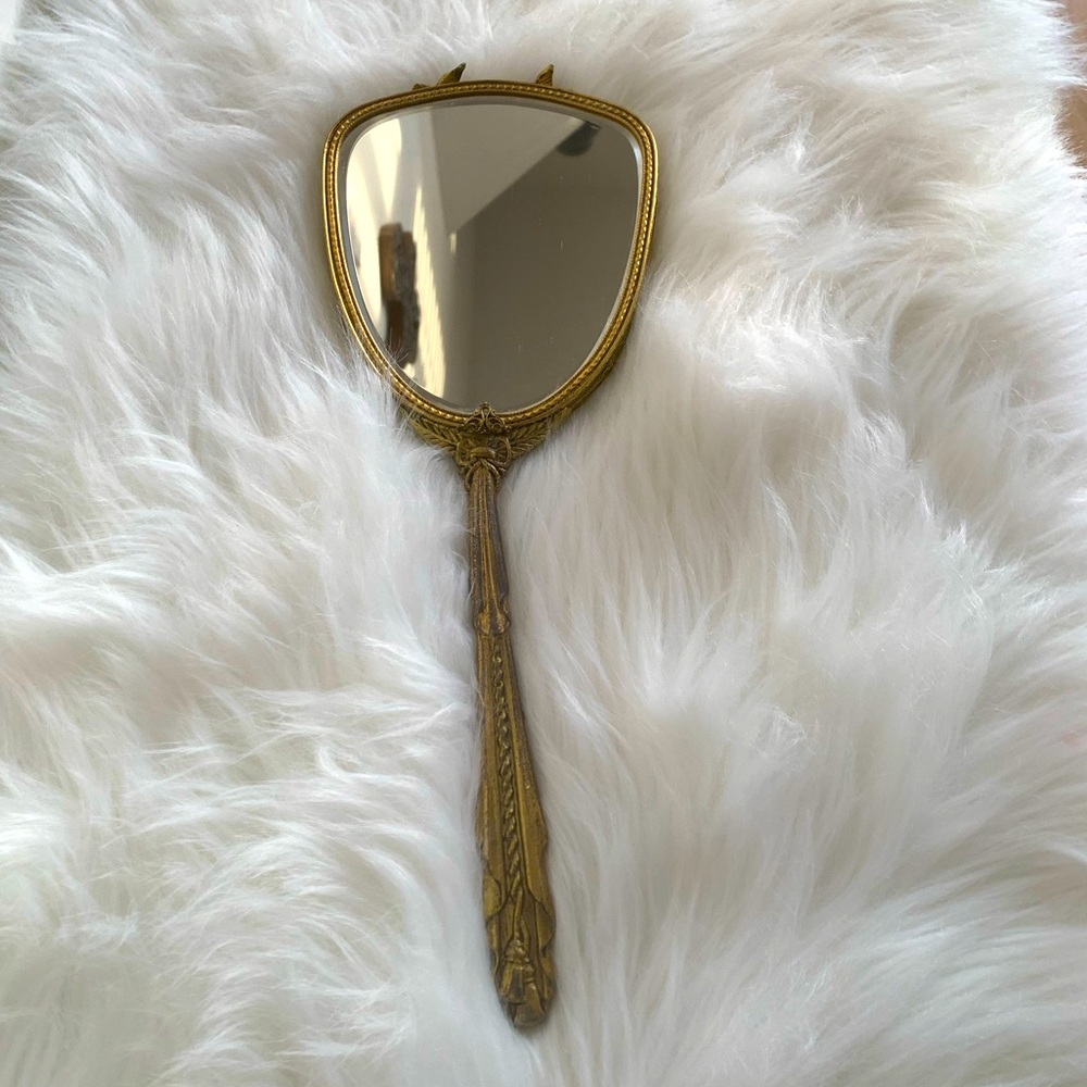 Elegant  Antique Art Deco Ornate Gold Toned Metal Handheld Mirror with Birds